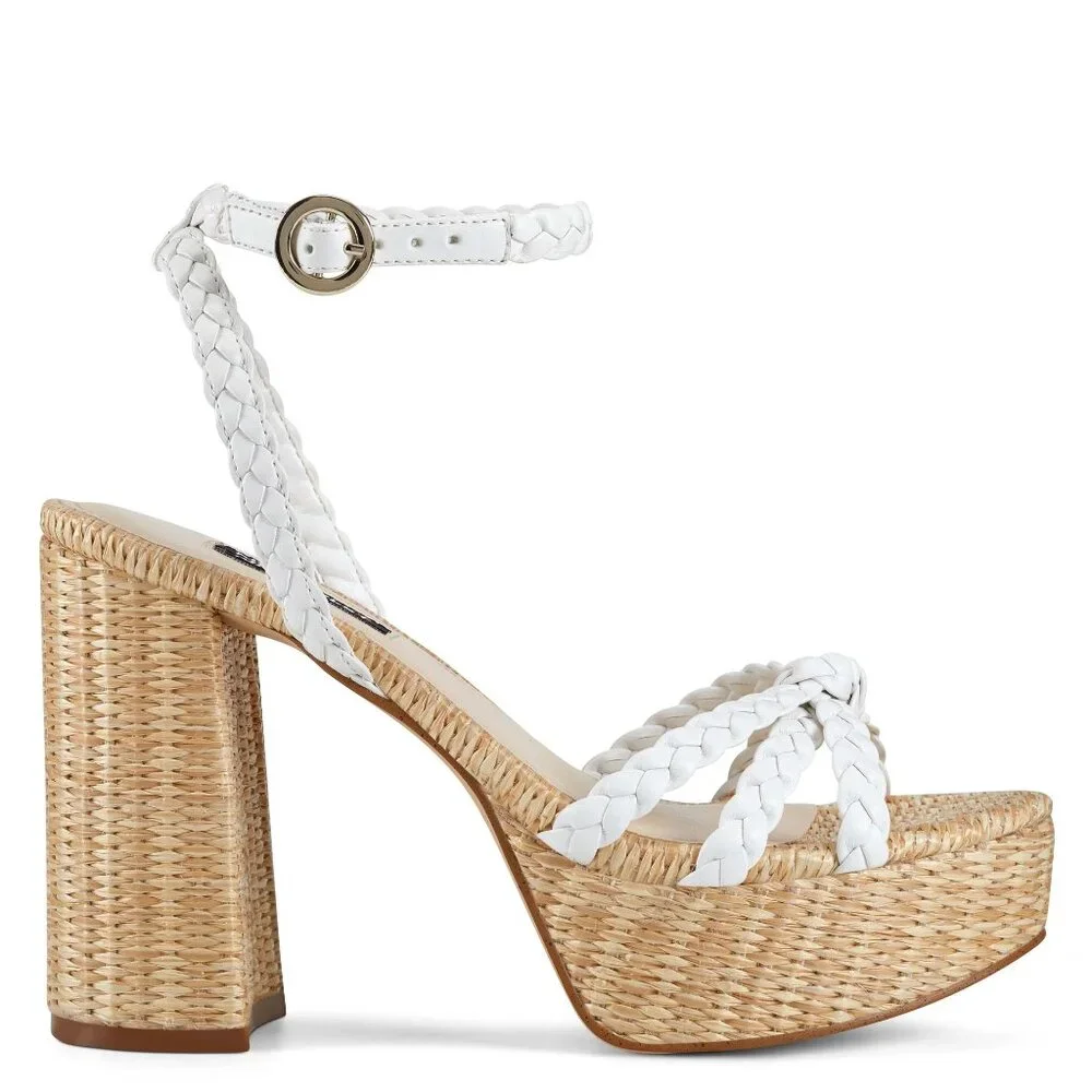 NINE WEST Women's RYLIN White Tan Raffia Chunky Platform Sandals 10